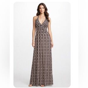 Tart Halter Maxi Dress Brown & Cream Geometric Print Empire Waist Resort Sz S